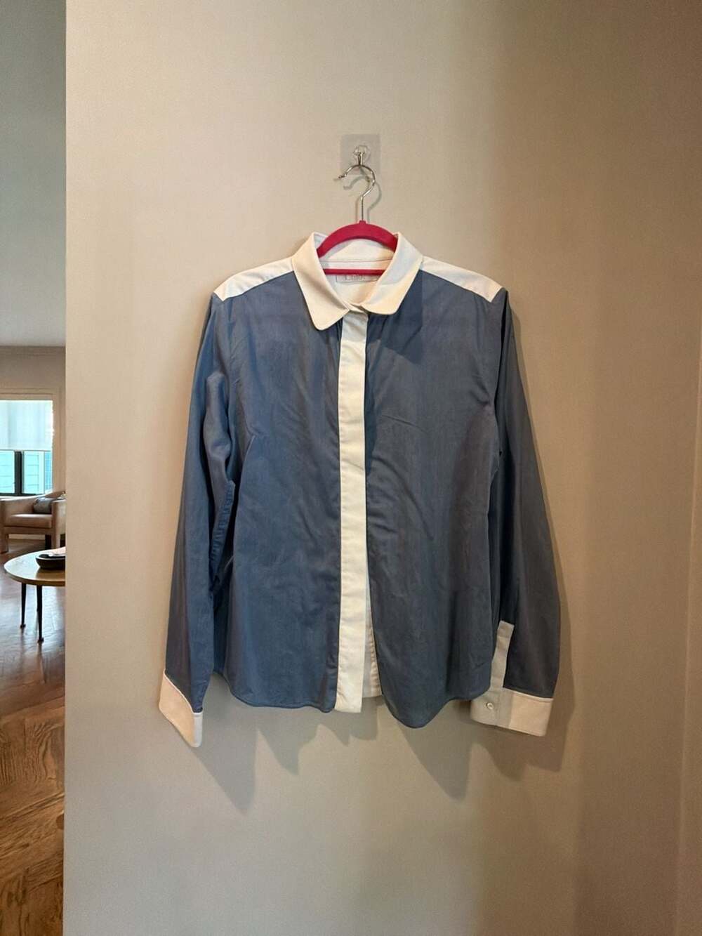 Chloe Size 46 Blue Denim Contrast Collar Button Down Shirt great condition. L